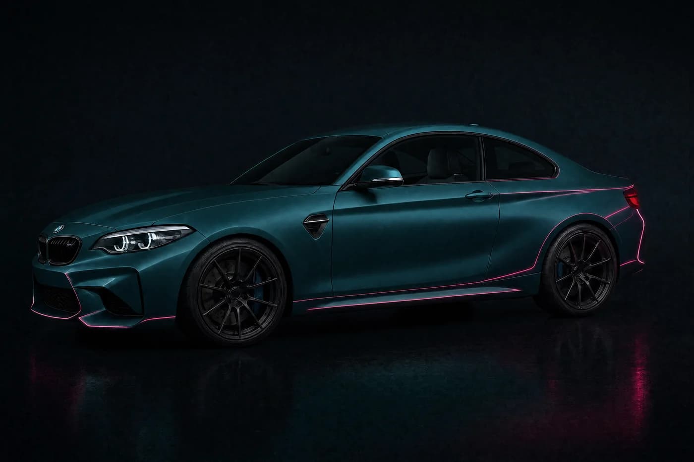 Dasselbe Coupé mit petrolfarbener Color-Change-Folierung in Satin-Finish